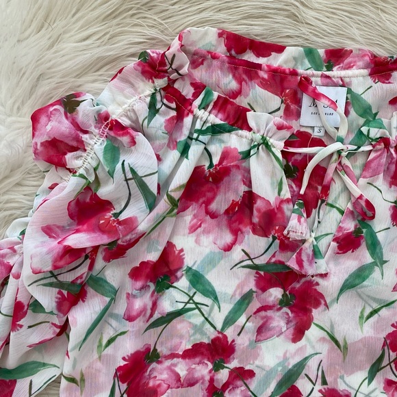 MISA Red Pink Fuchsia Floral Watercolor Chiffon Sera Top Short Sleeve Blouse - Picture 3 of 14